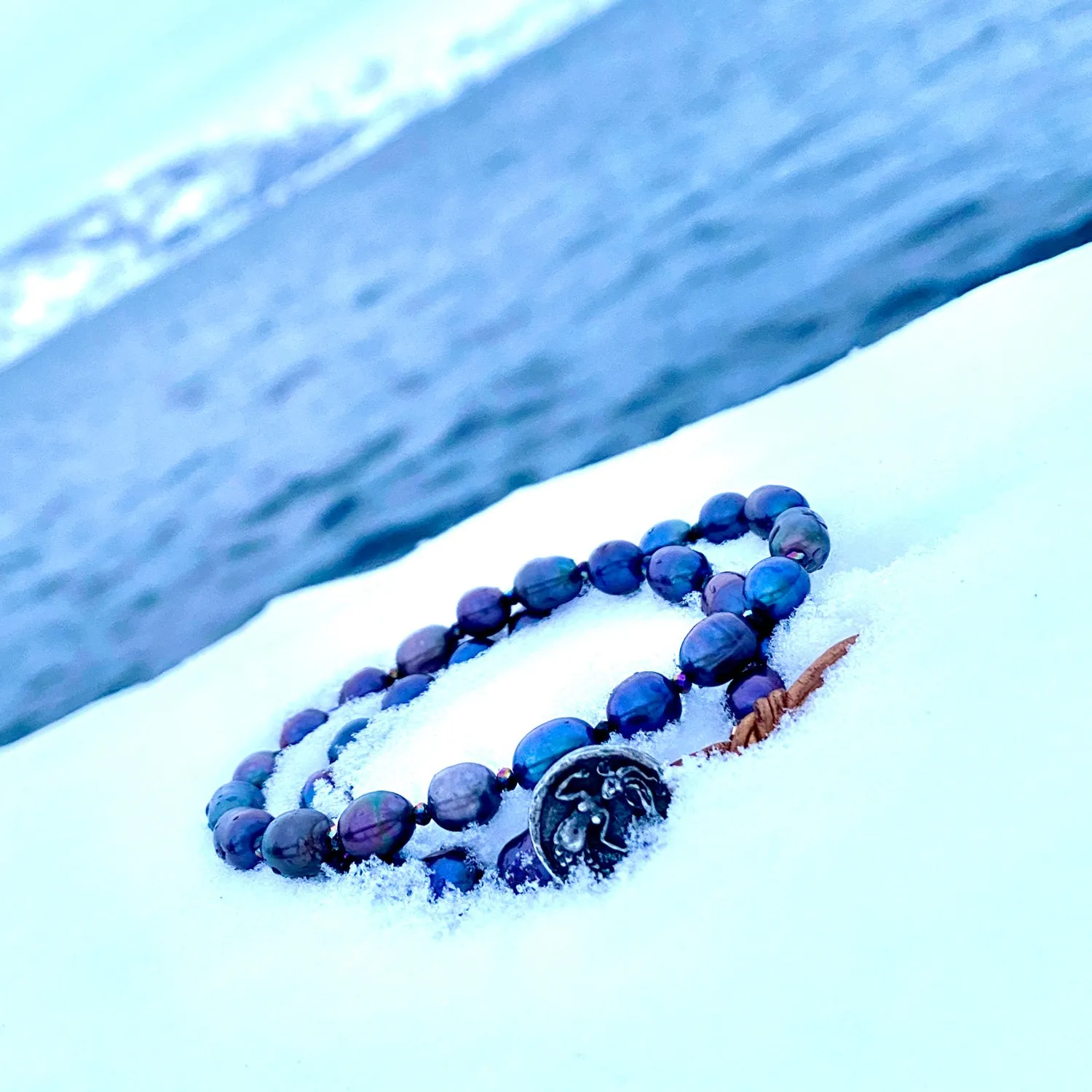 Mermaid Soul - Pearl and Leather Wrap Bracelet with Mermaid Button