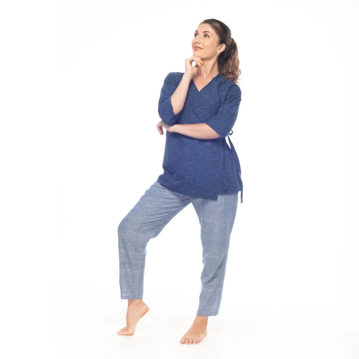 Navy-Blue Handwoven Cotton Long Wrap Top | Long Top for Women