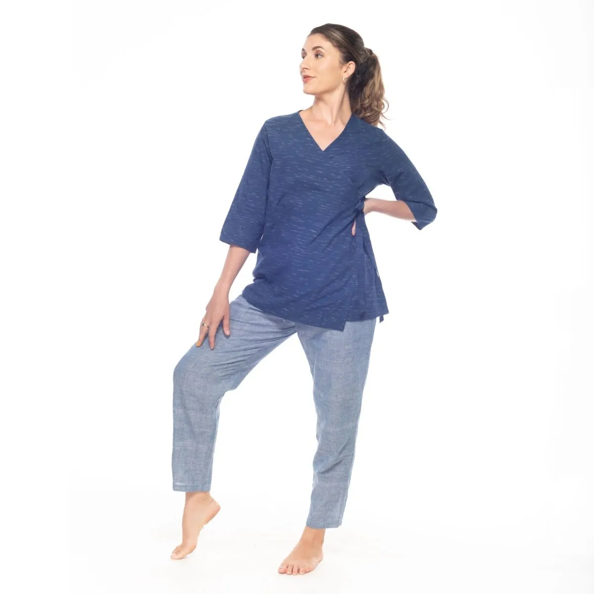 Navy-Blue Handwoven Cotton Long Wrap Top | Long Top for Women