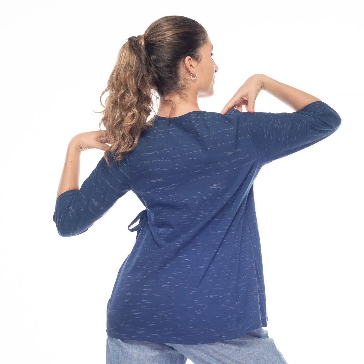 Navy-Blue Handwoven Cotton Long Wrap Top | Long Top for Women