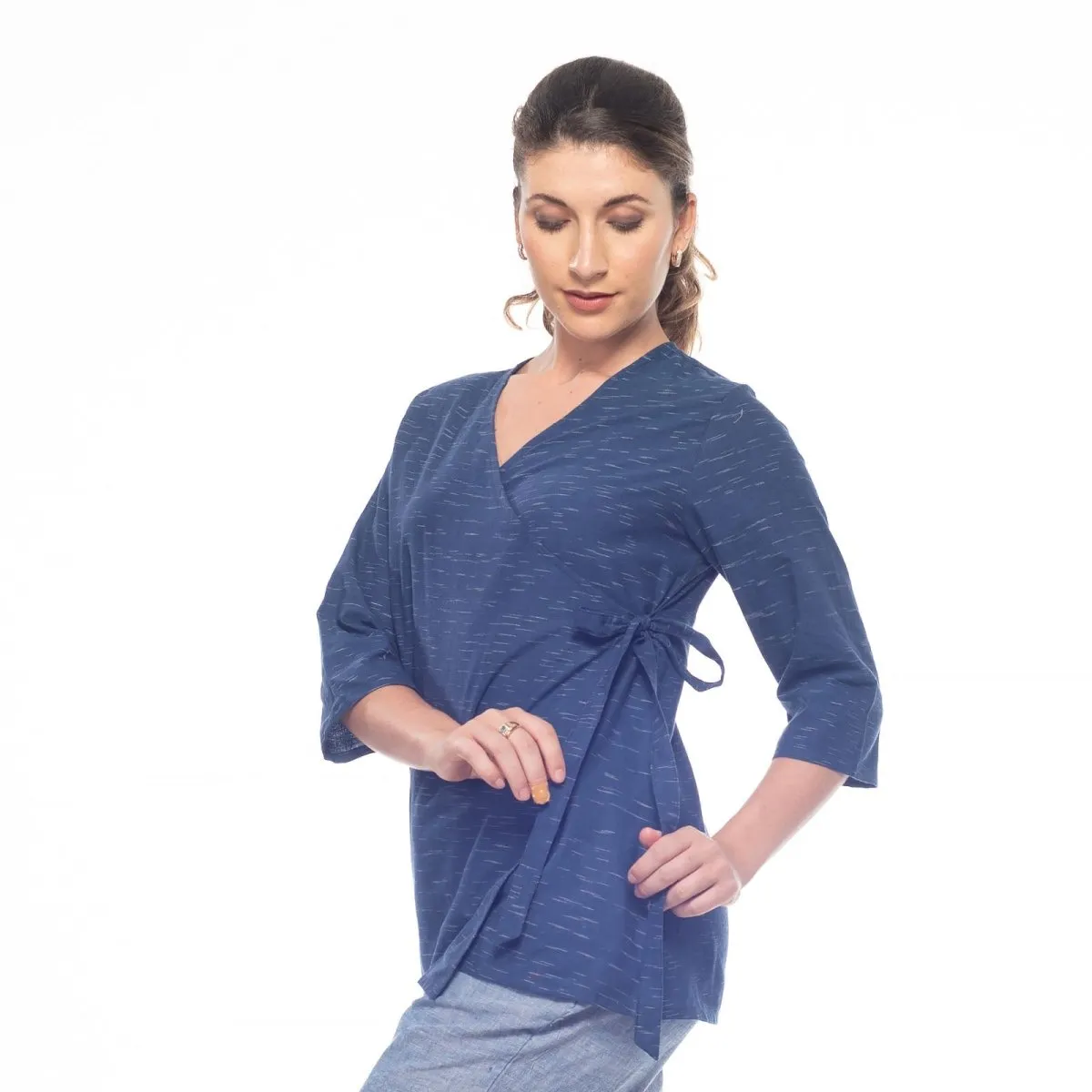 Navy-Blue Handwoven Cotton Long Wrap Top | Long Top for Women