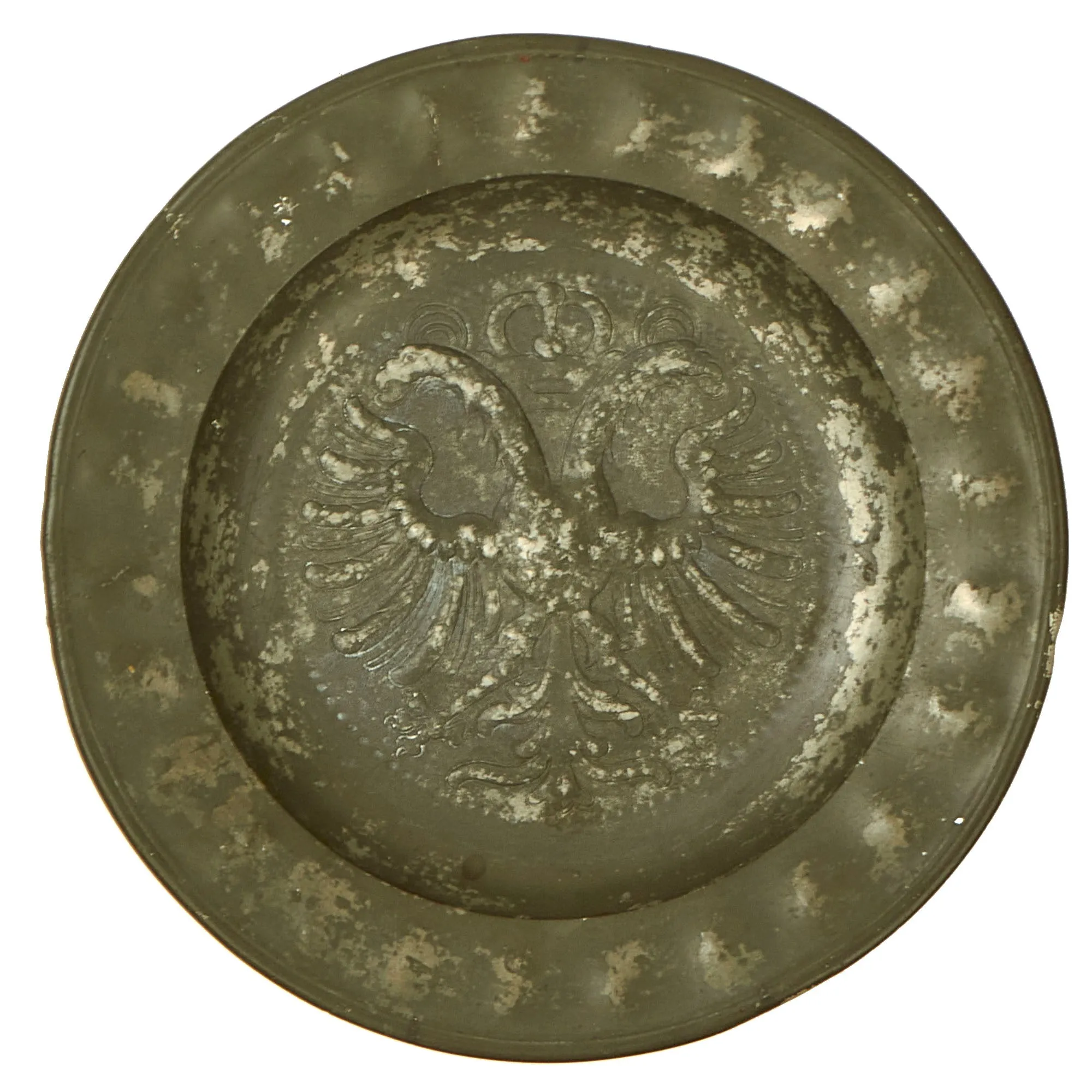 Original 18th Century Holy Roman Empire Double Headed Eagle Coat of Arms Pewter Charger Plate