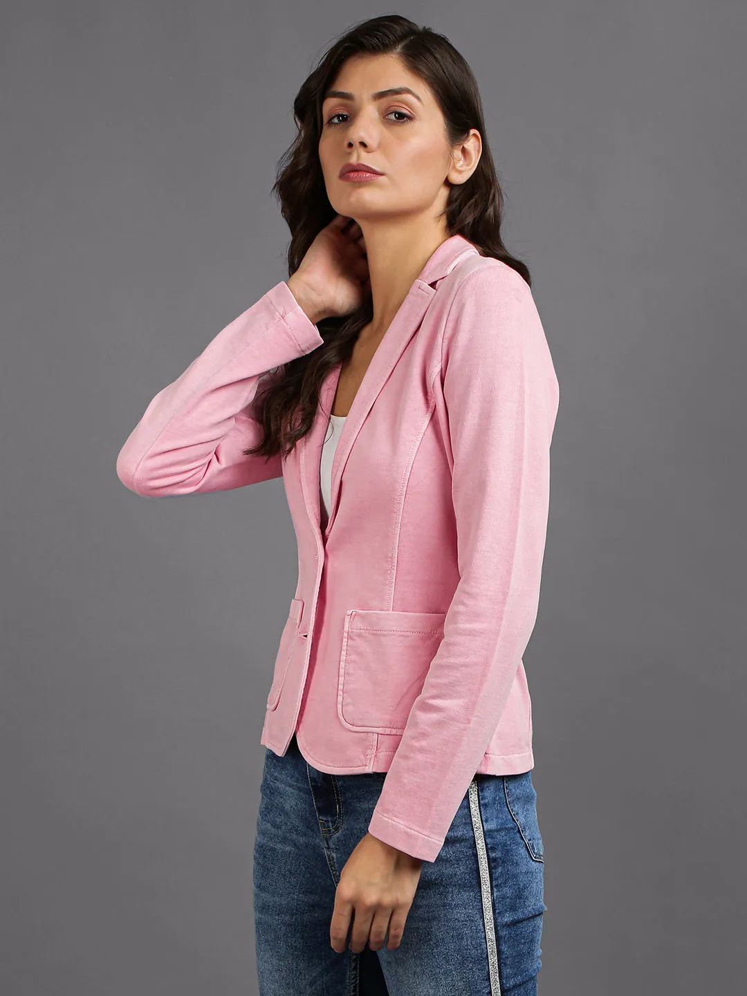 Pink Full Sleeve Solid Women Jacket