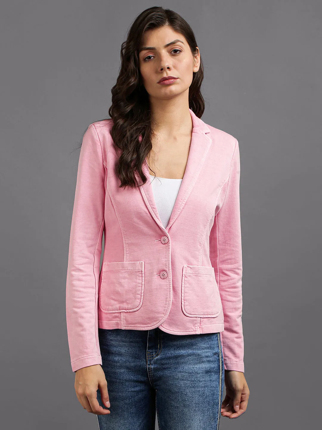 Pink Full Sleeve Solid Women Jacket