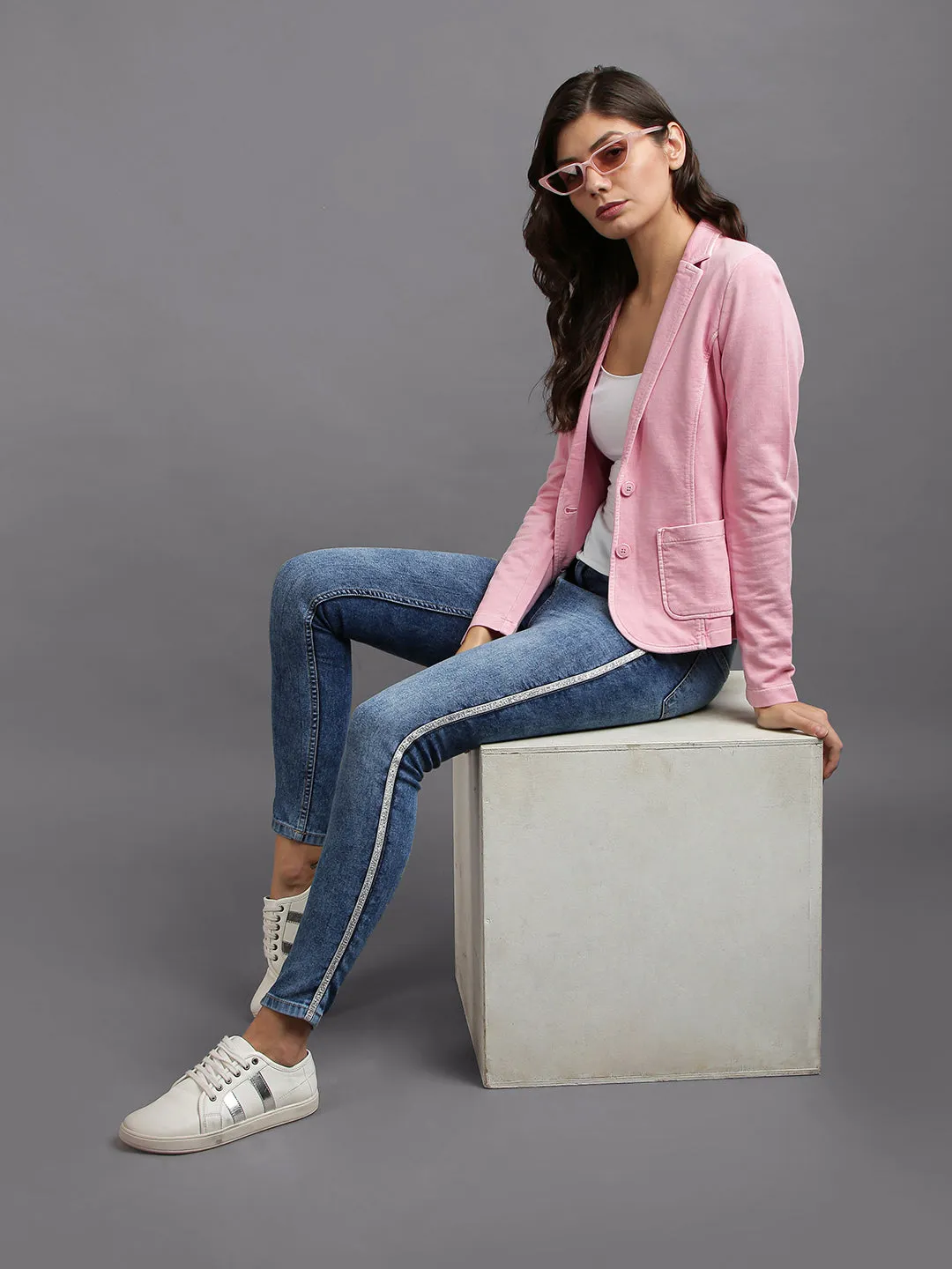 Pink Full Sleeve Solid Women Jacket