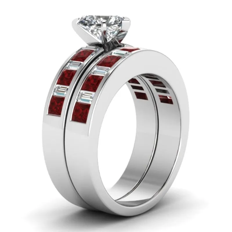 Red Koa Wood Inlay and Crystal & Rhinestone Heart Stainless Steel Wedding Ring Set