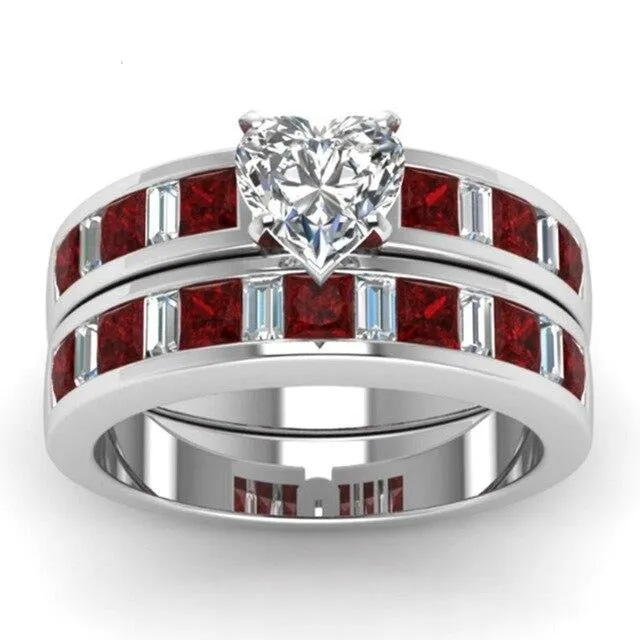 Red Koa Wood Inlay and Crystal & Rhinestone Heart Stainless Steel Wedding Ring Set