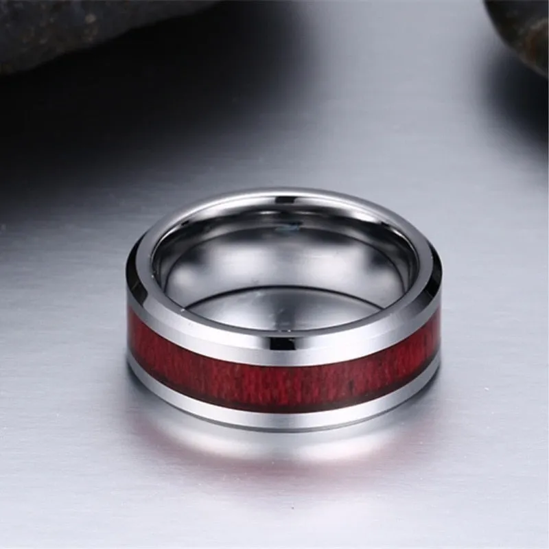 Red Koa Wood Inlay and Crystal & Rhinestone Heart Stainless Steel Wedding Ring Set
