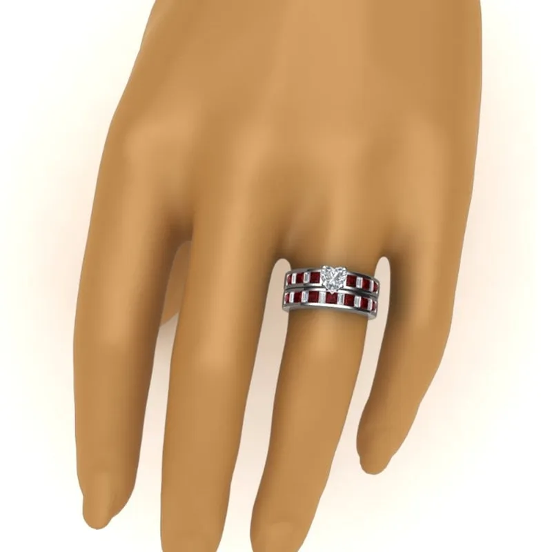 Red Koa Wood Inlay and Crystal & Rhinestone Heart Stainless Steel Wedding Ring Set
