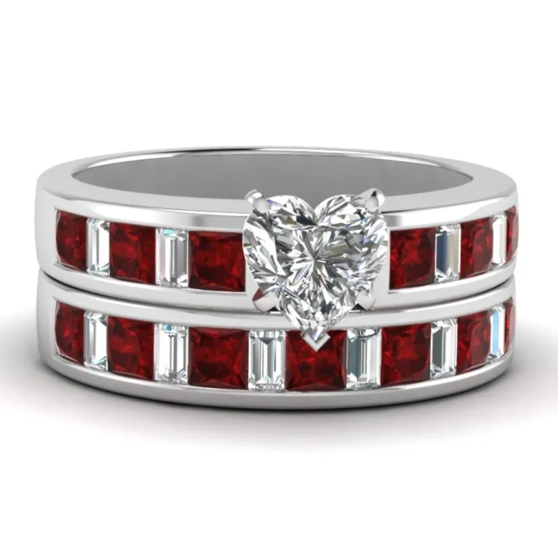 Red Koa Wood Inlay and Crystal & Rhinestone Heart Stainless Steel Wedding Ring Set
