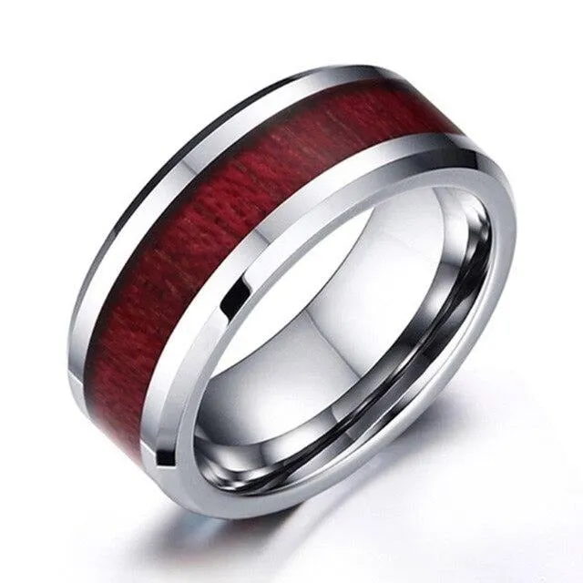 Red Koa Wood Inlay and Crystal & Rhinestone Heart Stainless Steel Wedding Ring Set