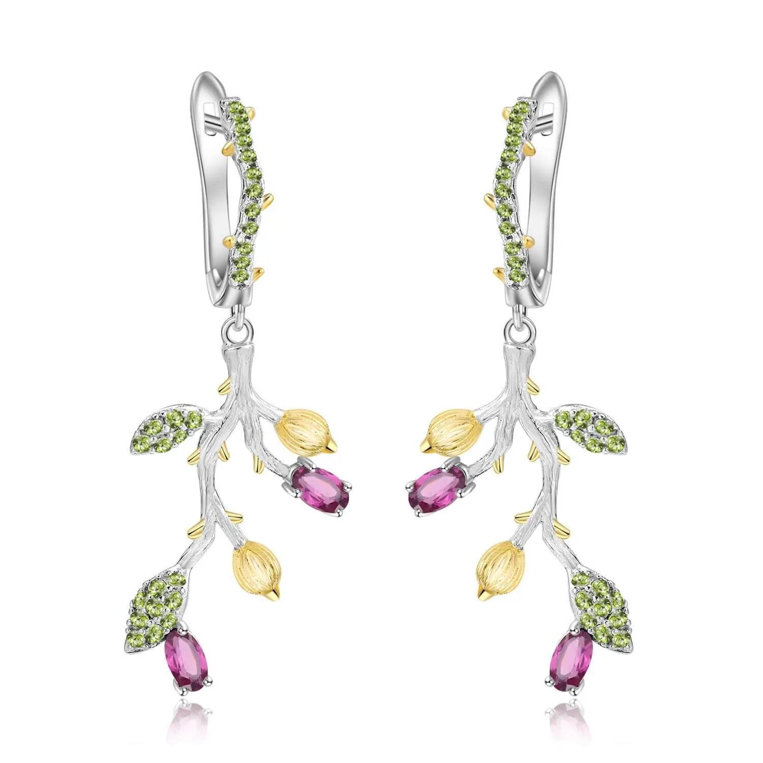 Rhodolite Garnet Leaf Dangling Earrings