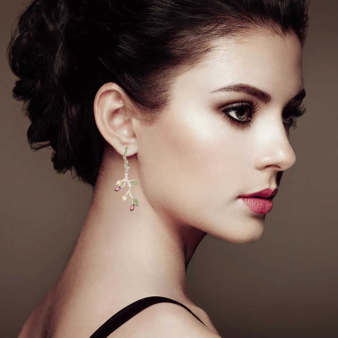 Rhodolite Garnet Leaf Dangling Earrings
