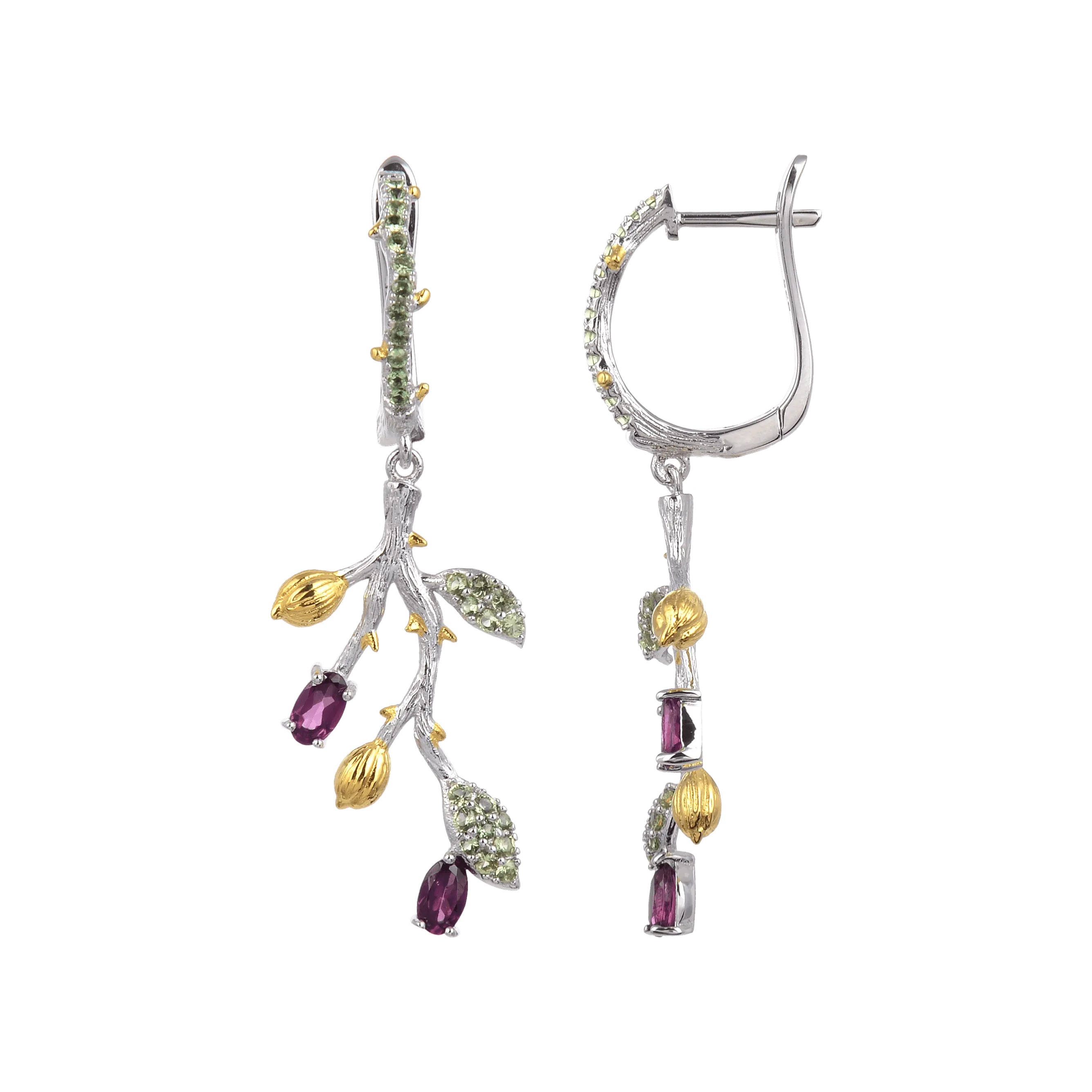 Rhodolite Garnet Leaf Dangling Earrings