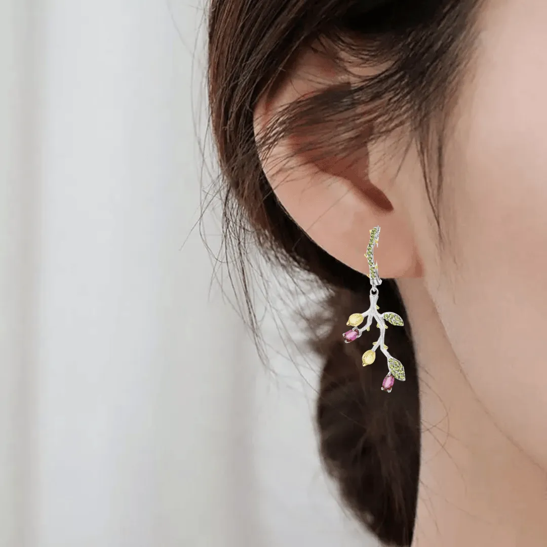 Rhodolite Garnet Leaf Dangling Earrings