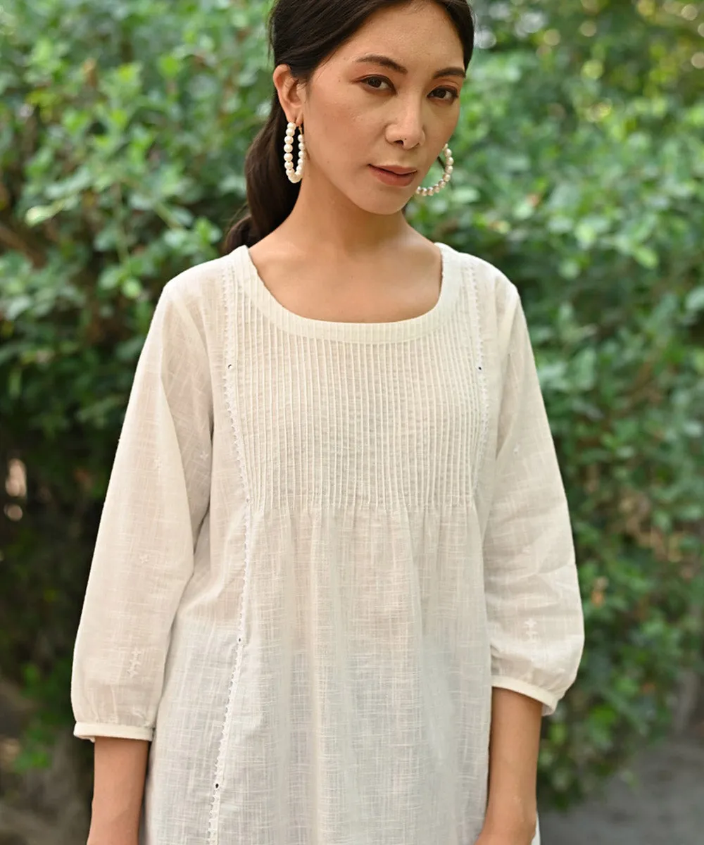 White hand embroidered cotton round neck top