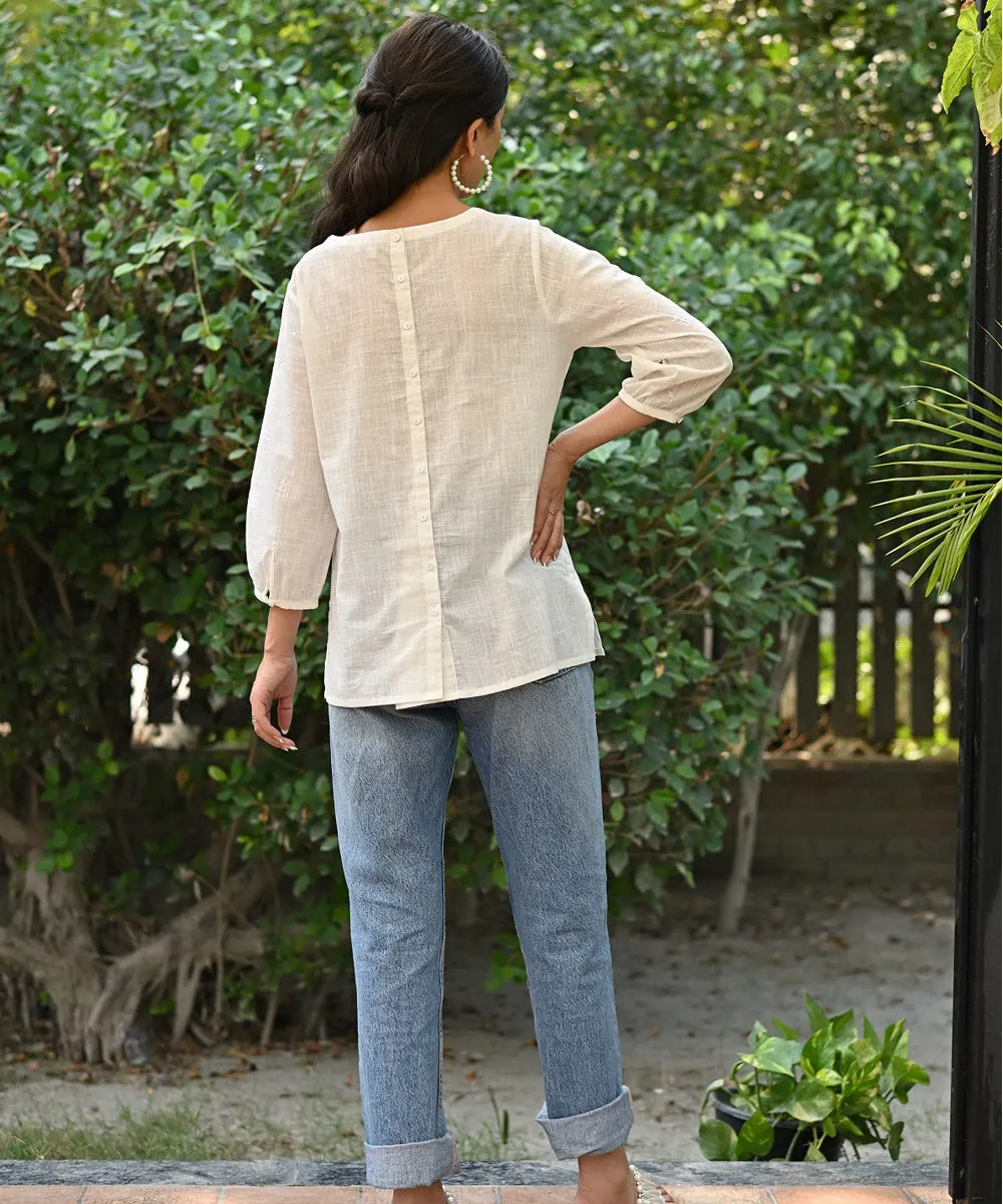 White hand embroidered cotton round neck top