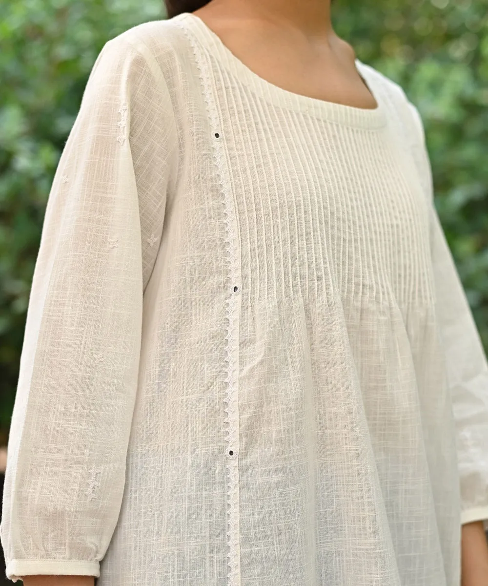 White hand embroidered cotton round neck top